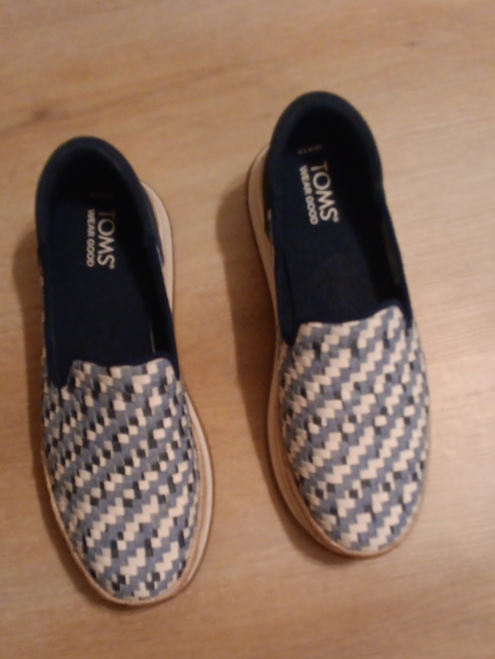 Toms Navy and White Woven Slip-On Loafers
